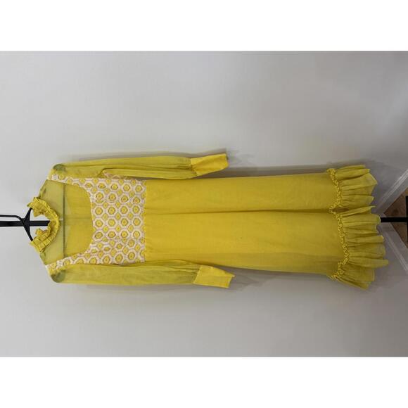 60s 70s Vintage Yellow Long Sleeve Sheer Dress with Crochet Detail - Picture 2 of 9
